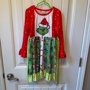 Dash of Glitter Girls Long-Sleeve Grinch Patchwork Holiday Dress - Red & Green